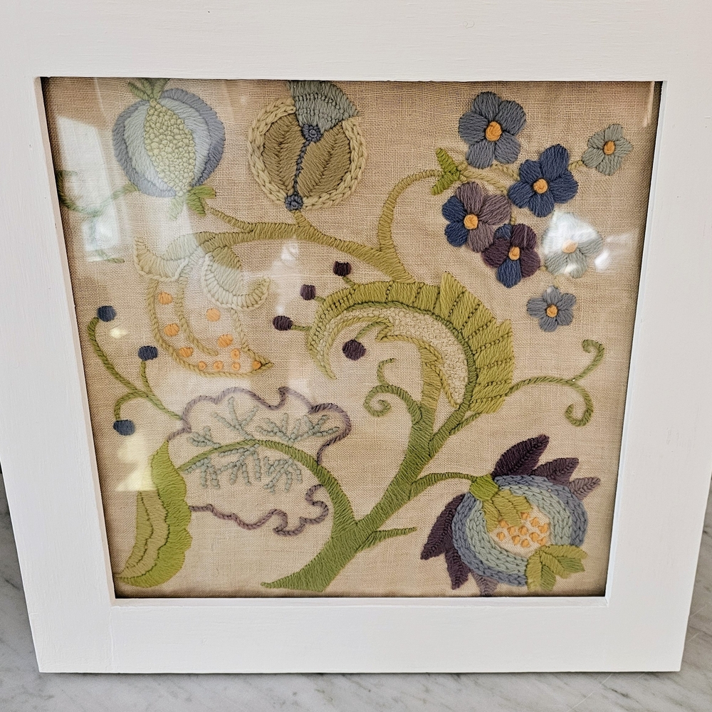 Blue Green Crewel Embroidered Floral Framed Art